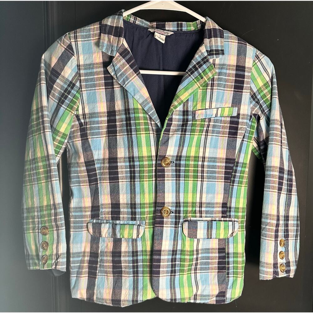 Kitestrings Boys Size 7 Plaid Blazer Jacket Blue Green Preppy Button Front EUC